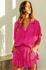 BiBi Pleated Short Sleeve Shirt and Shorts Set OutfitFlow