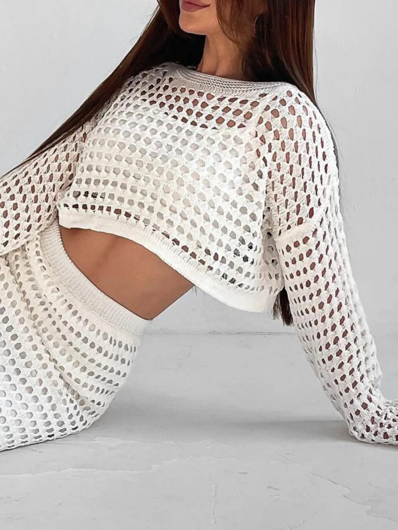 Hollow Out Long Sleeve Top and Skirt Knit Set OutfitFlow