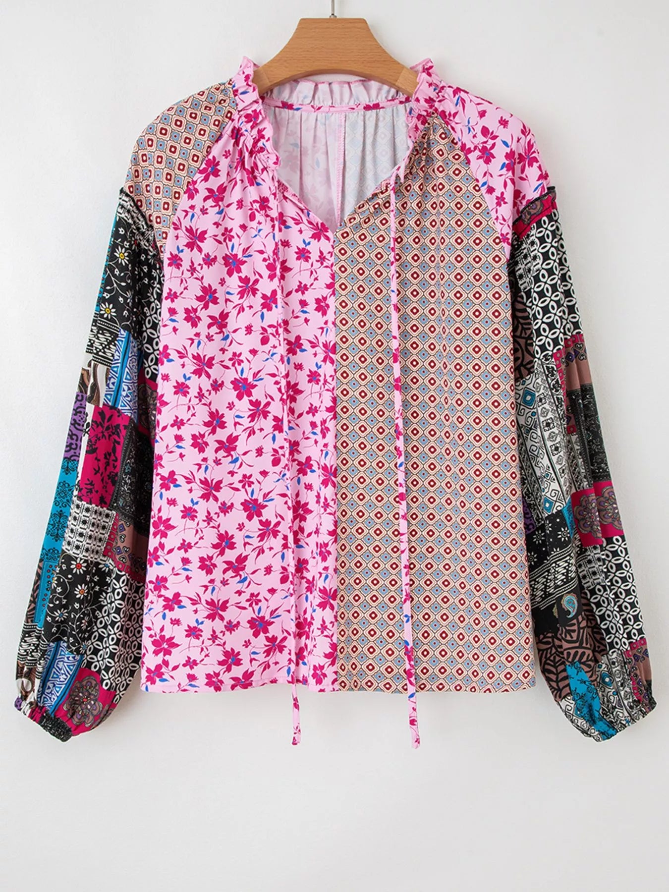 Boho Mixed Floral Drop Shoulder Bubble Sleeve Blouse OutfitFlow