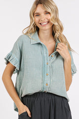 Mittoshop Mineral Washed Button Down Flounce Sleeve Shirt OutfitFlow