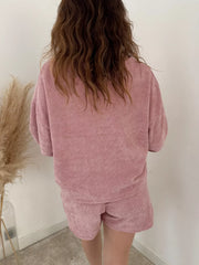 Round Neck Dropped Shoulder Top and Drawstring Shorts Set OutfitFlow