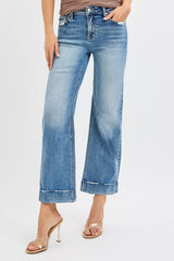 RISEN Full Size Mid Rise Crop Straight Jeans with Taylor Cuffed Plus Size OutfitFlow