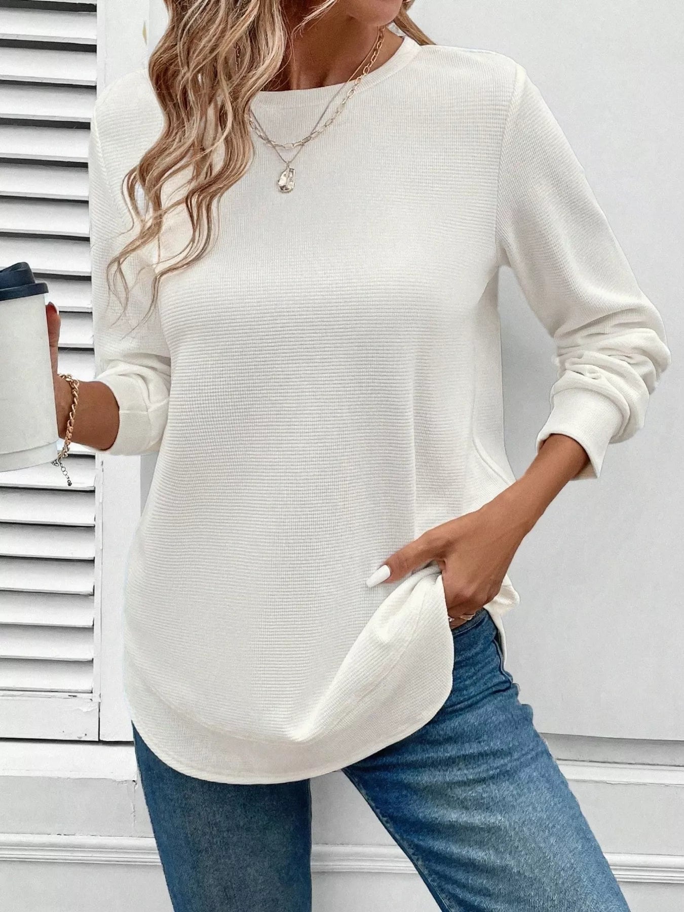 Casual Texture Knit Long Sleeve T-Shirt Trendsi