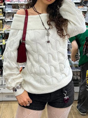 Cable Knit Off-Shoulder Sweater Trendsi