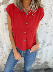 Full Size Button Down Cap Sleeve Linen Shirt Plus Size Red OutfitFlow