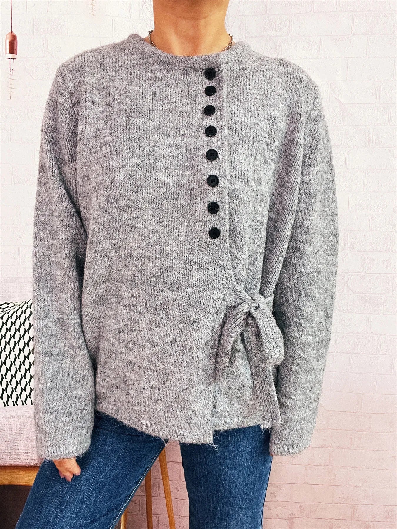 Button-Front Side-Tie Sweater Gray One Size OutfitFlow