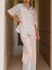Printed Button Up Shirt and Pants Set OutfitFlow