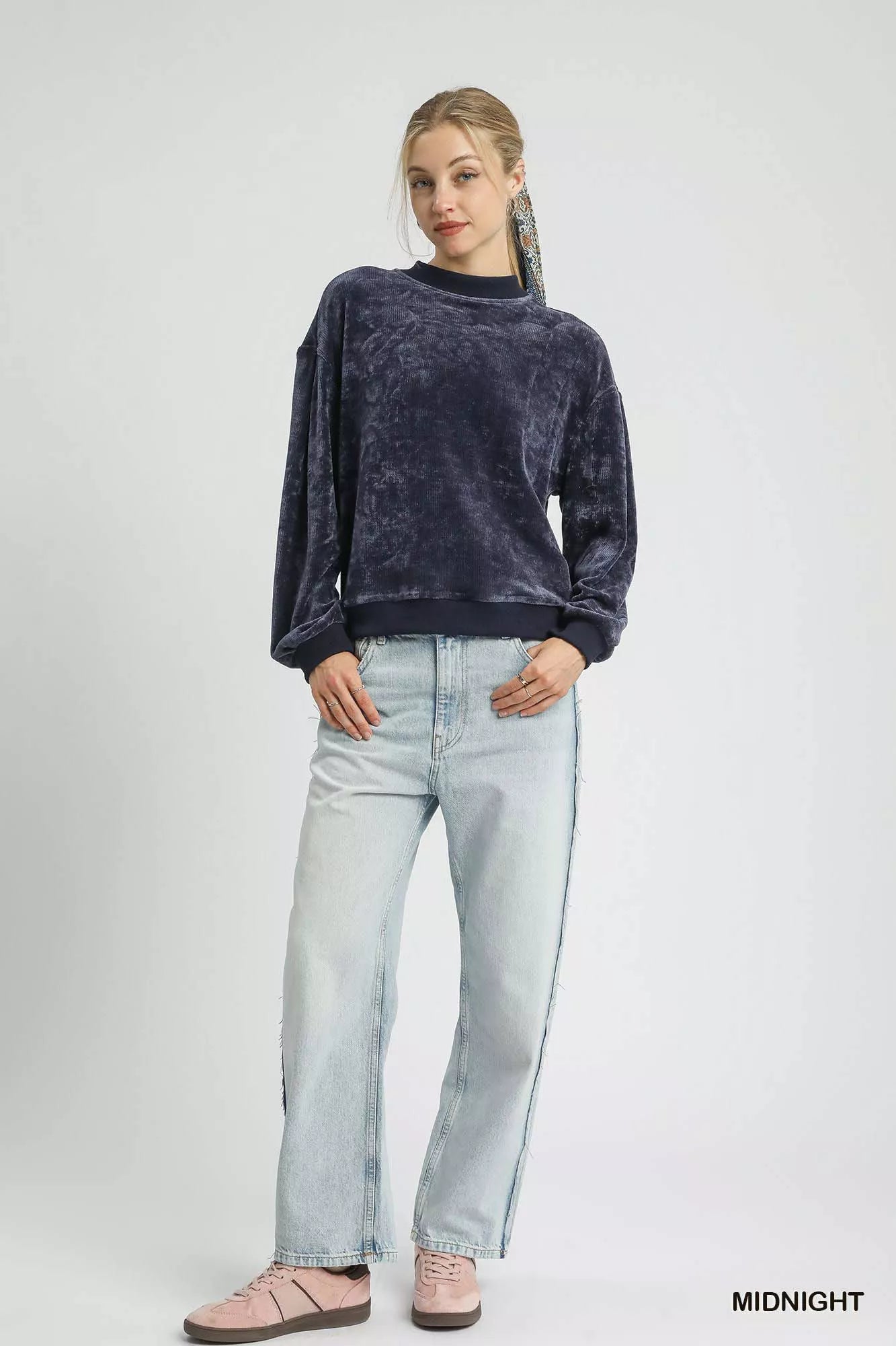 Umgee Velour Crewneck Balloon Sleeve Sweatshirt OutfitFlow