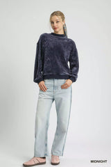 Umgee Velour Crewneck Balloon Sleeve Sweatshirt OutfitFlow