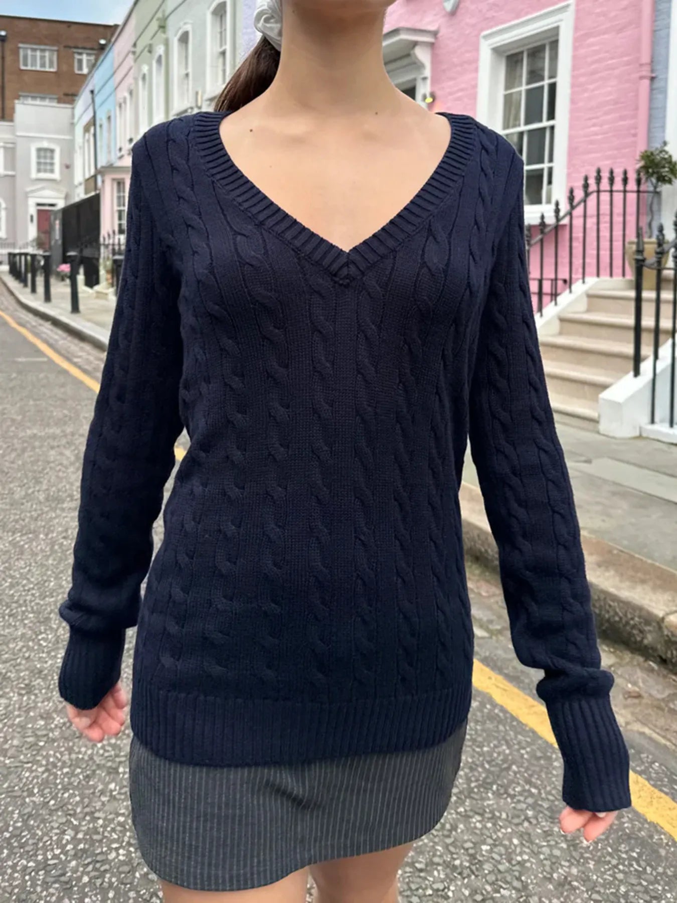 Cable Knit V-Neck Sweater Navy Trendsi
