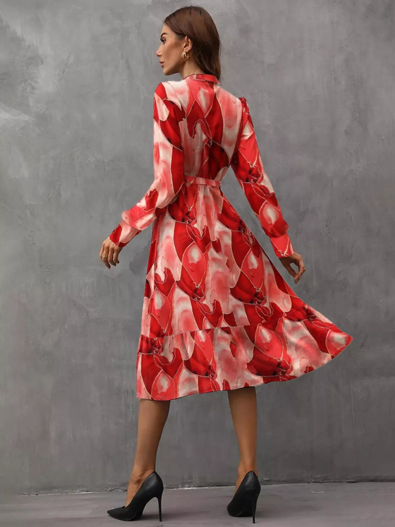 Notched Tie Waist Long Sleeve Dress OutfitFlow