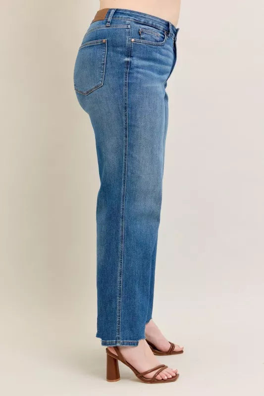 Judy Blue Full Size High Waist Tummy Control Chew Hem Destroy Wide Jeans Plus Size OutfitFlow