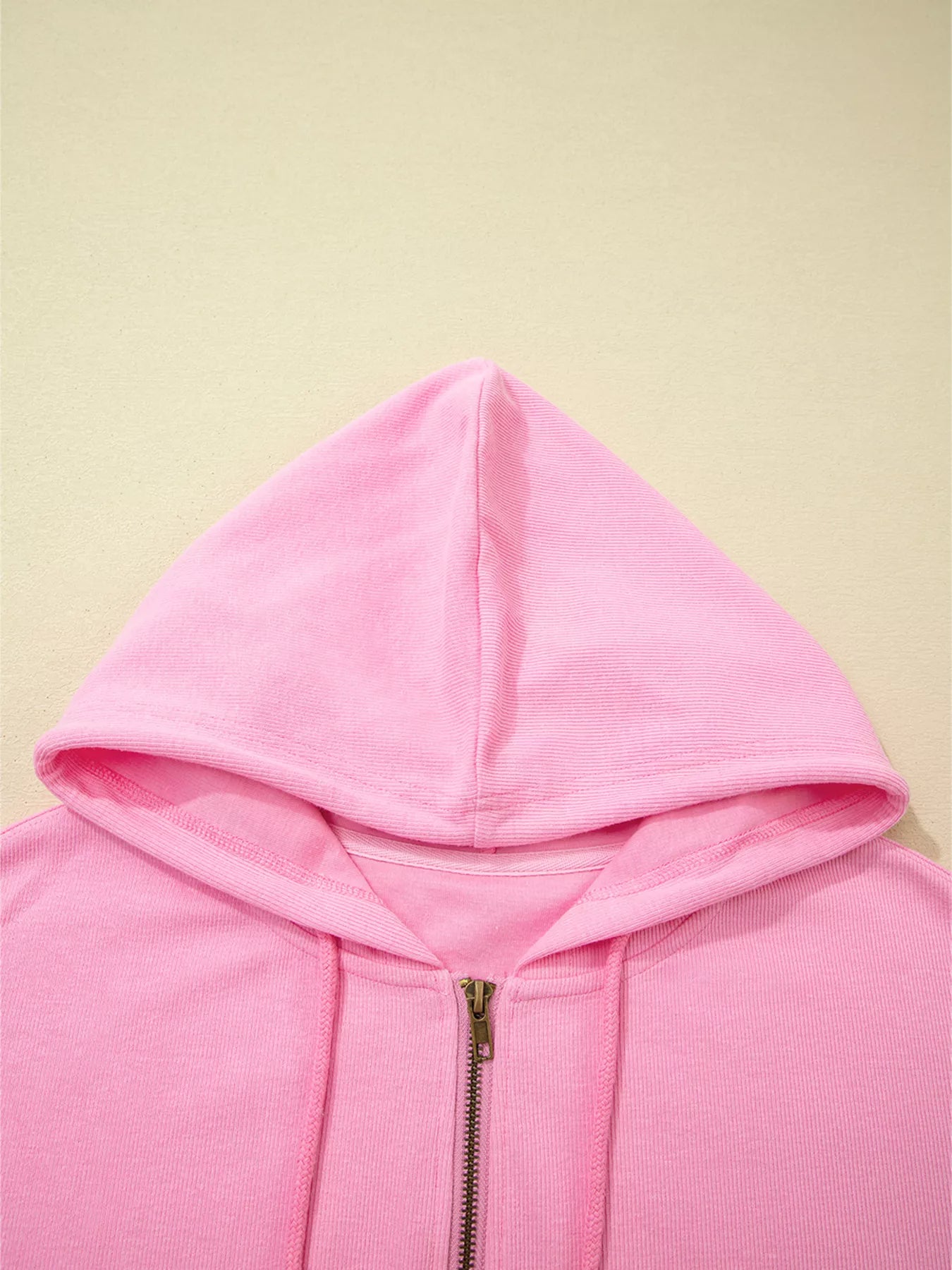 Solid Color Ribbed Zip Up Drawstring Hooded Jacket OutfitFlow