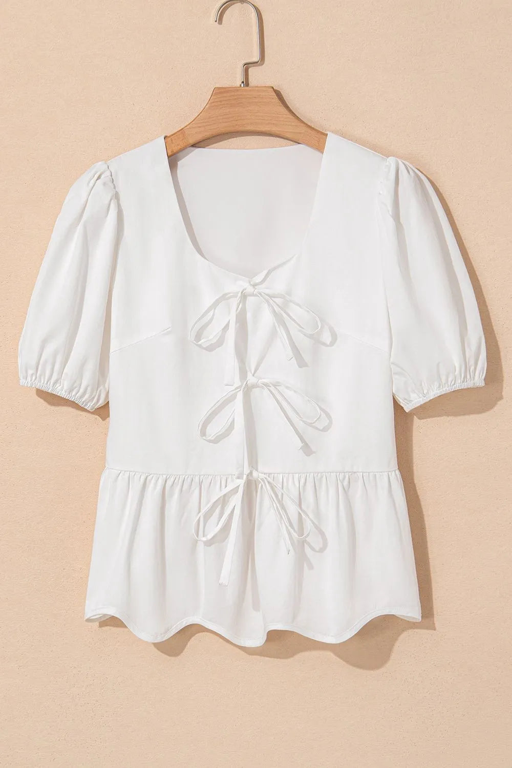 Bow Knot Decor Square Neck Puff Sleeve Peplum Top OutfitFlow