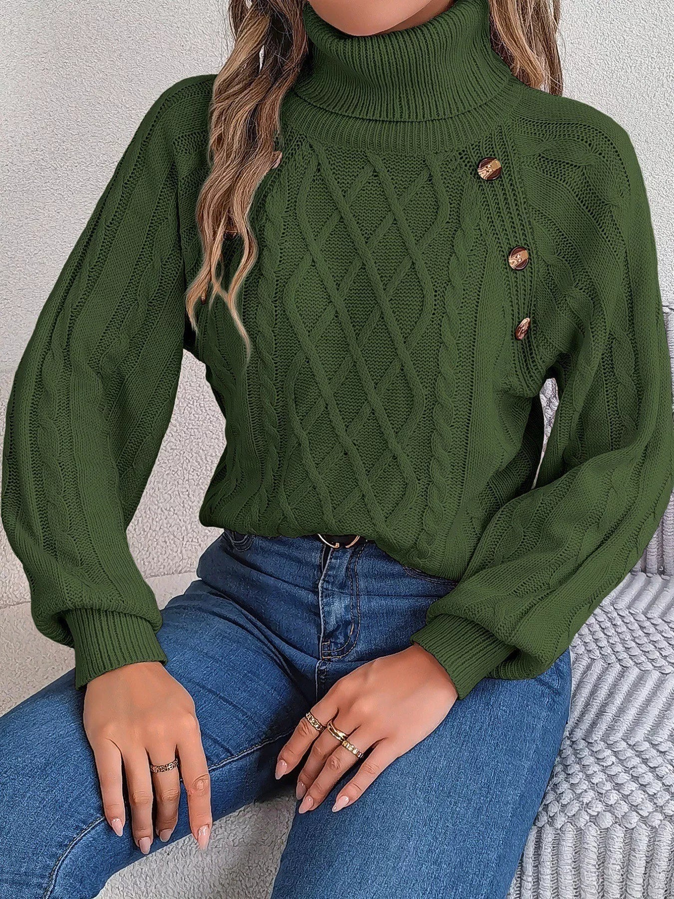 Cable Knit Turtleneck Long Sleeve Sweater Military Green OutfitFlow