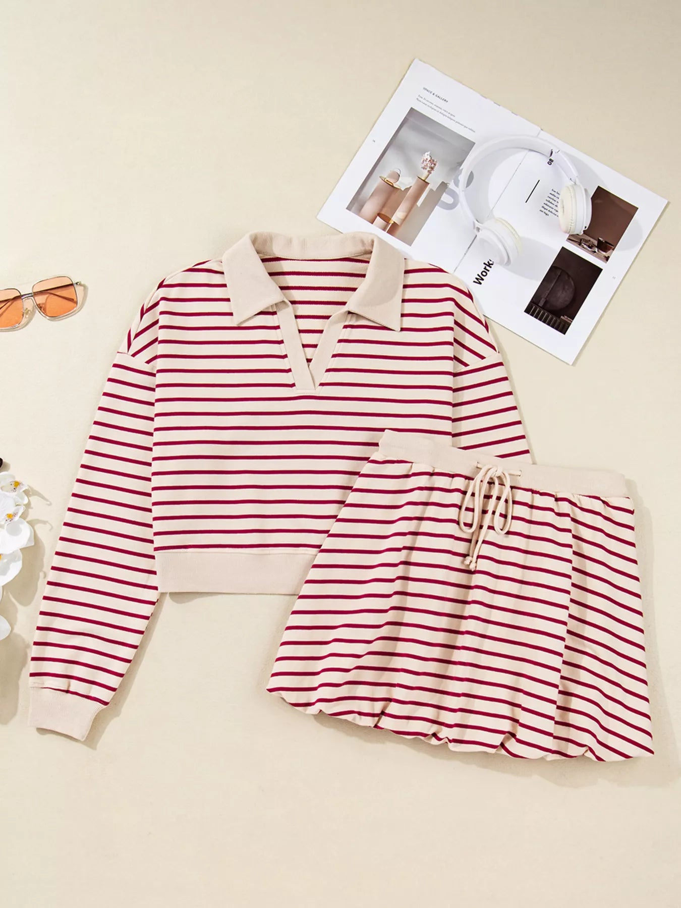 tripe Cropped Collared Drop Shoulder Pullover and Bubble Mini Skirt Set OutfitFlow