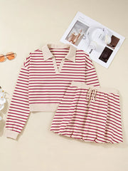 tripe Cropped Collared Drop Shoulder Pullover and Bubble Mini Skirt Set OutfitFlow