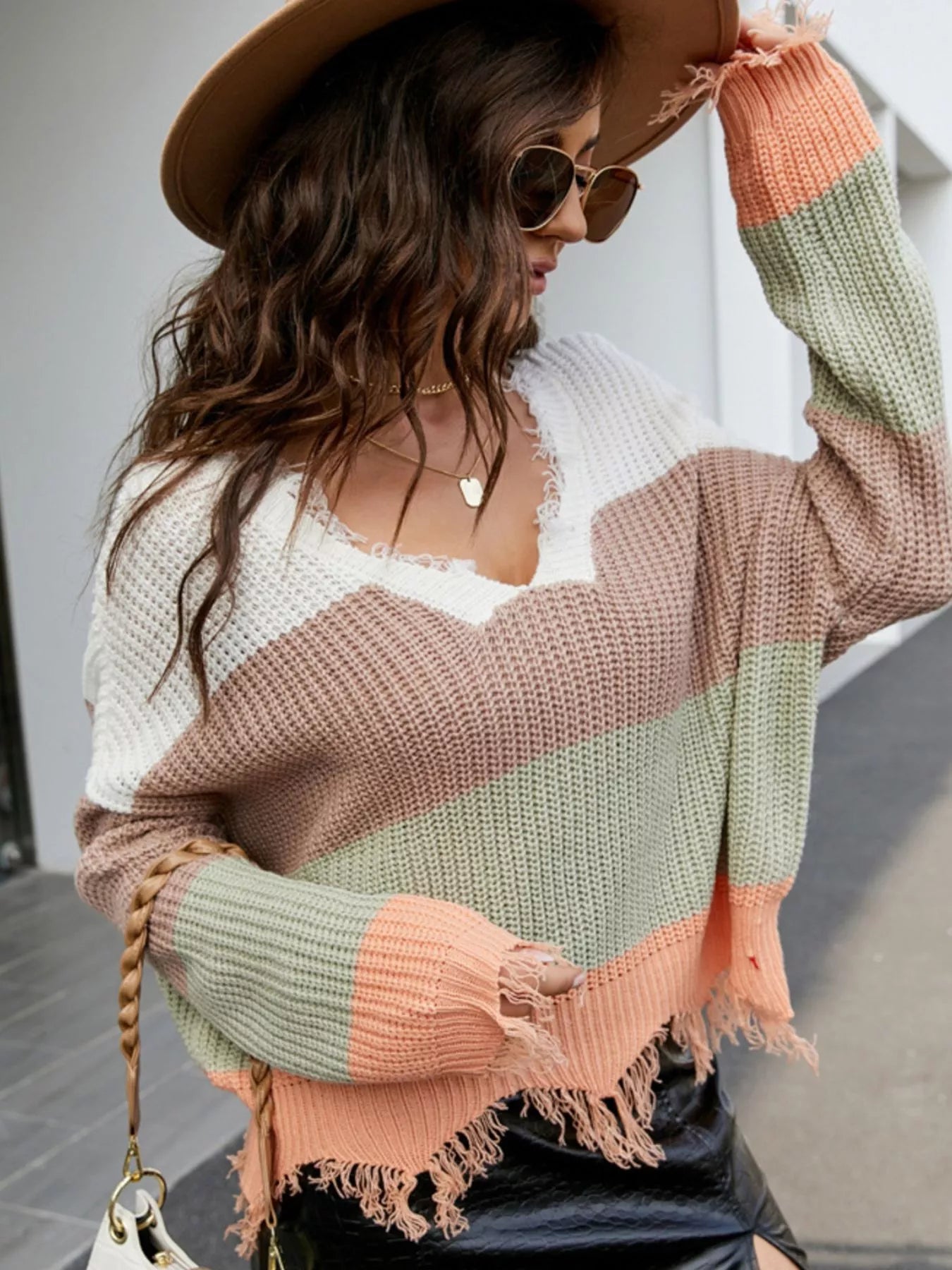 Frayed Hem Long Sleeve Sweater OutfitFlow