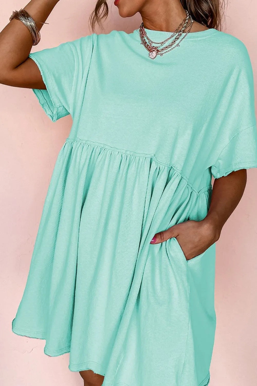 Round Neck Half Sleeve Mini Tee Dress Tiffany Blue OutfitFlow