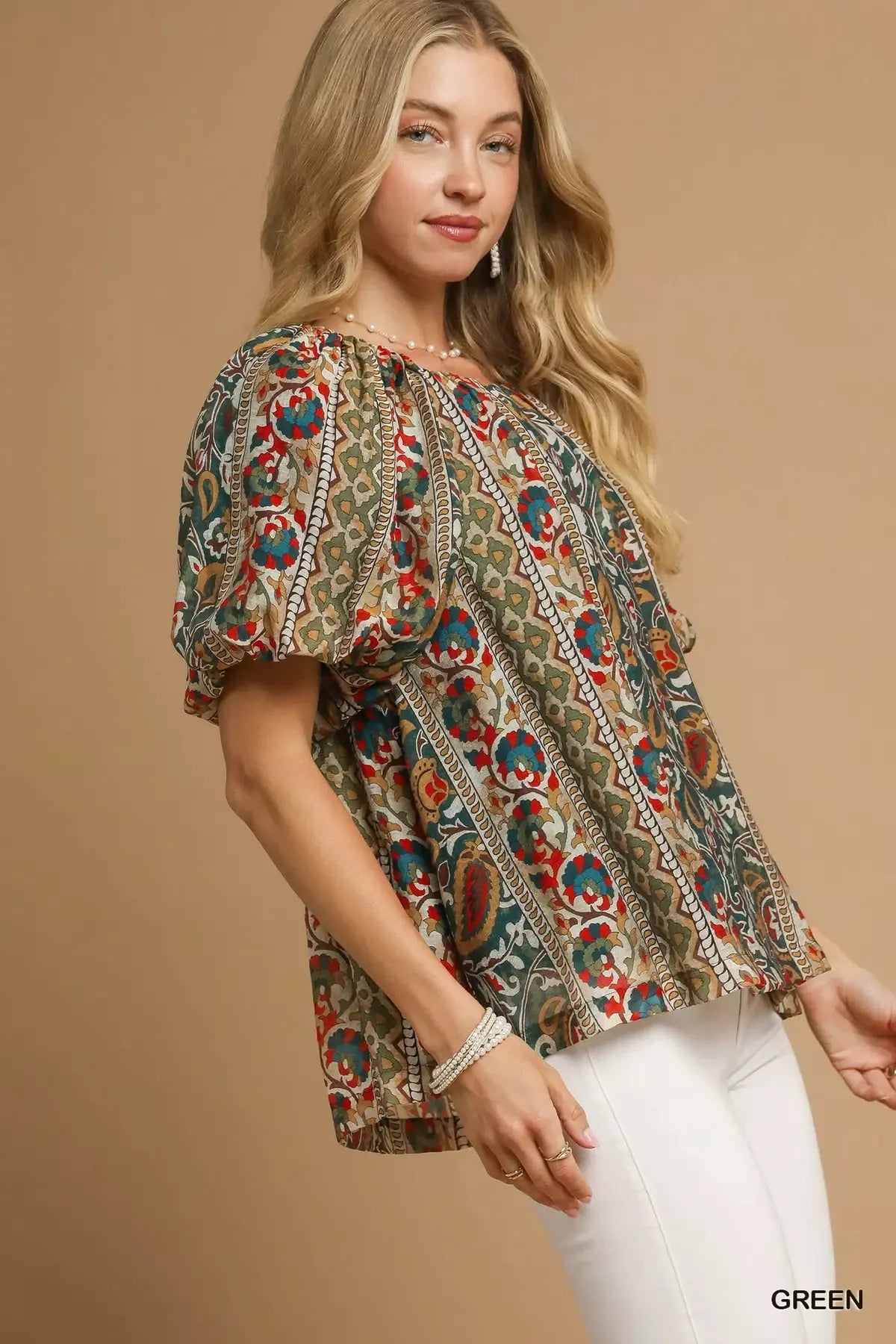 Umgee Boho Floral Stripe Puff Sleeve Blouse OutfitFlow