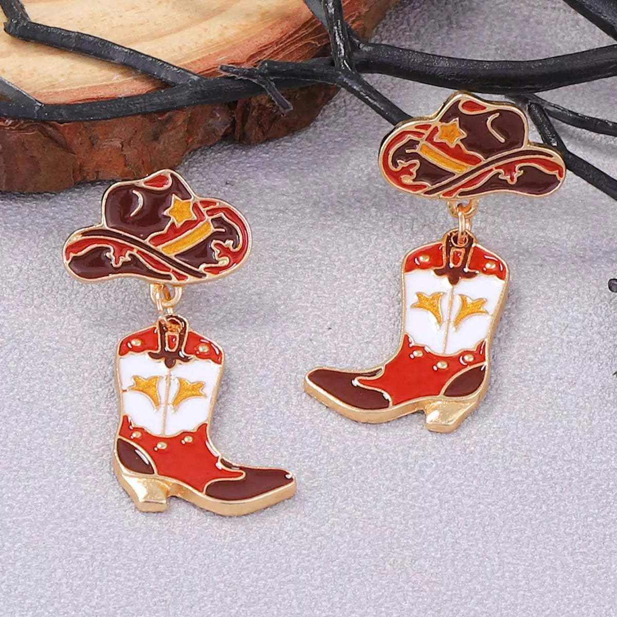 18K Gold-Plated Cowboy Hat Boots Dangle Earrings OutfitFlow