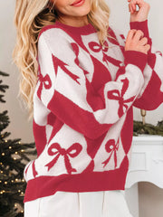 Bow Print 2-Tone Rhombus Knit Loose Sweater Trendsi