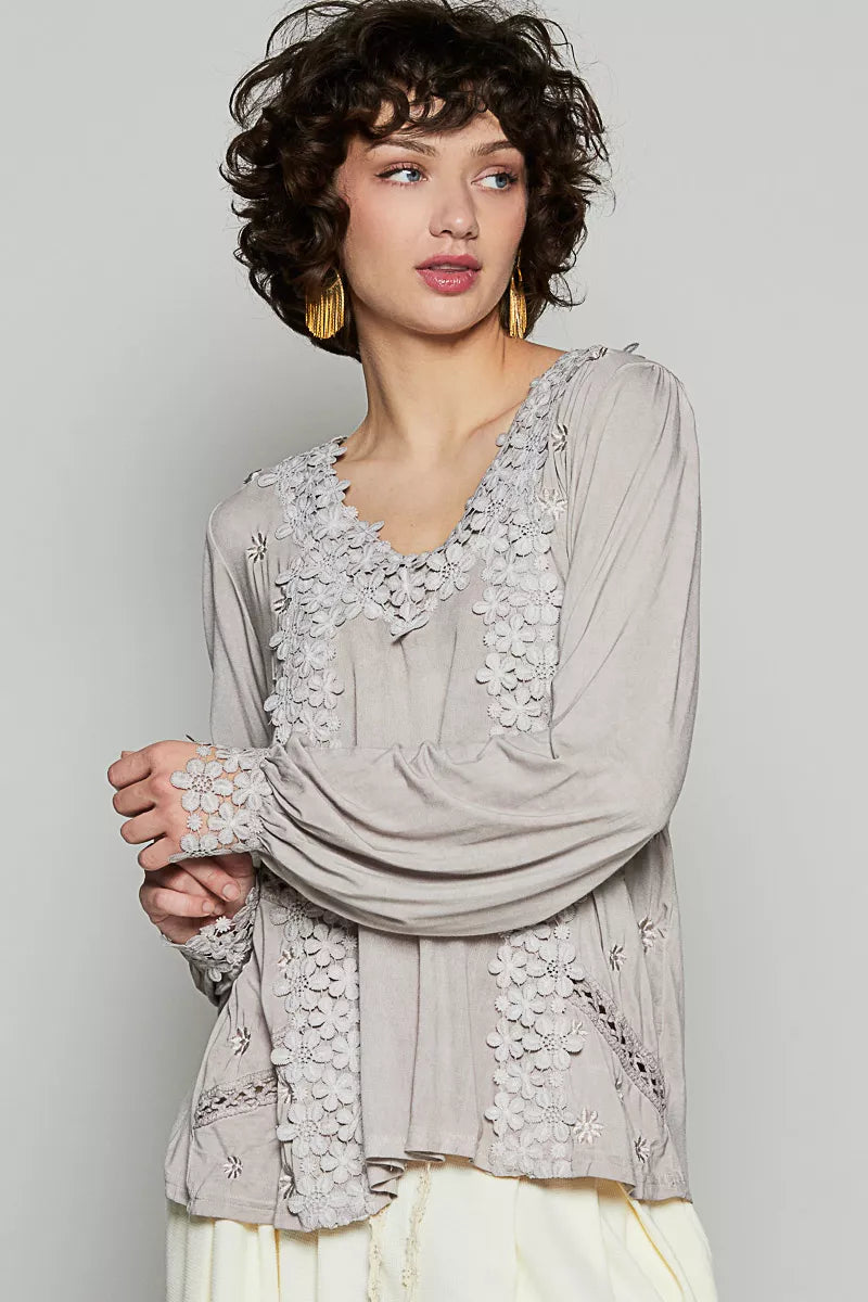 POL Floral Embroidery Woven Top with Lace Trim OutfitFlow