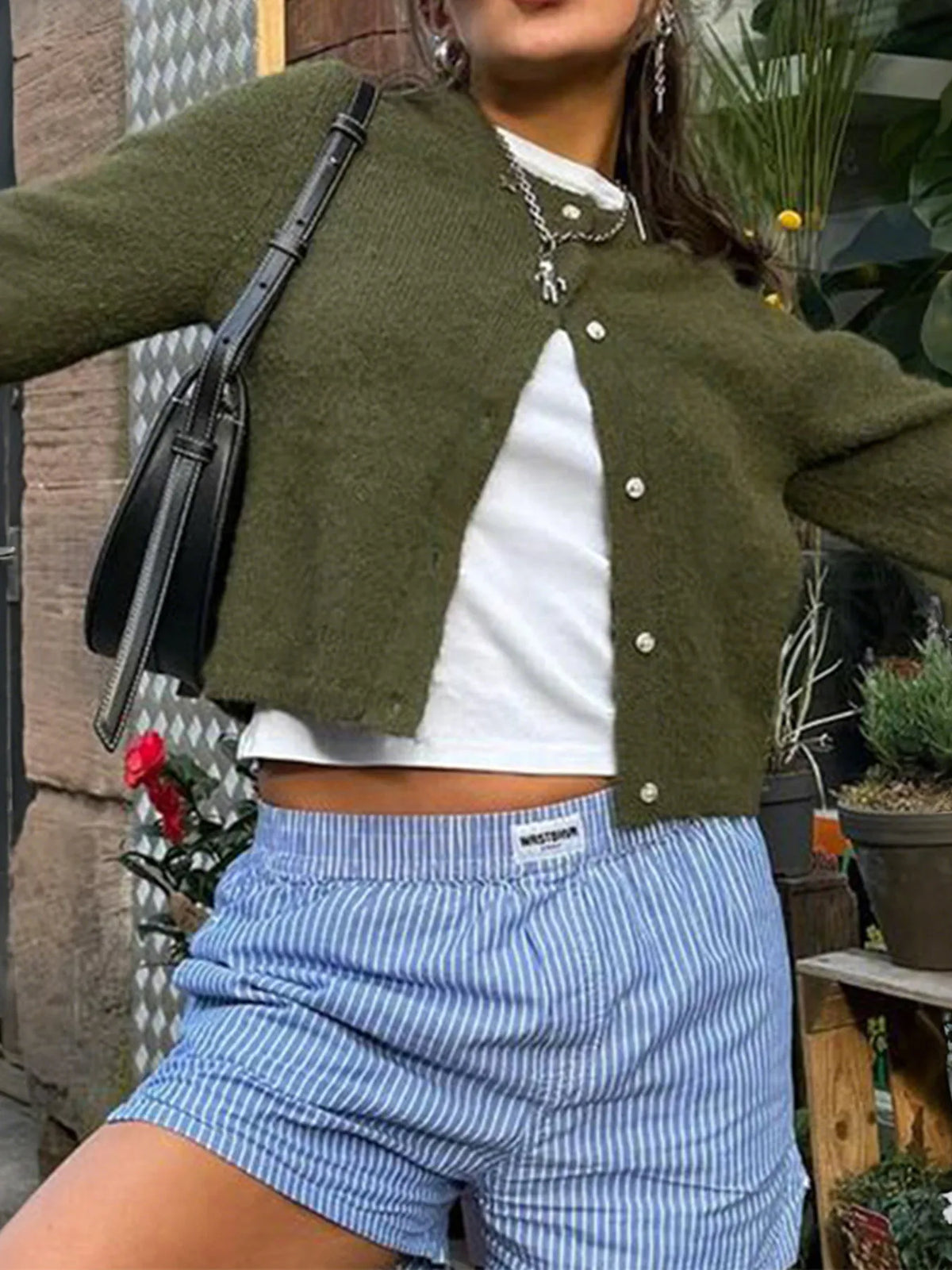 Button-Up Cropped Sweater Cardigan Military Green OutfitFlow