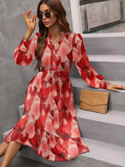 Notched Tie Waist Long Sleeve Dress Deep Red OutfitFlow