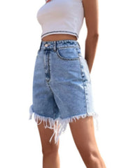 High Waisted Frayed Hem Denim Shorts OutfitFlow