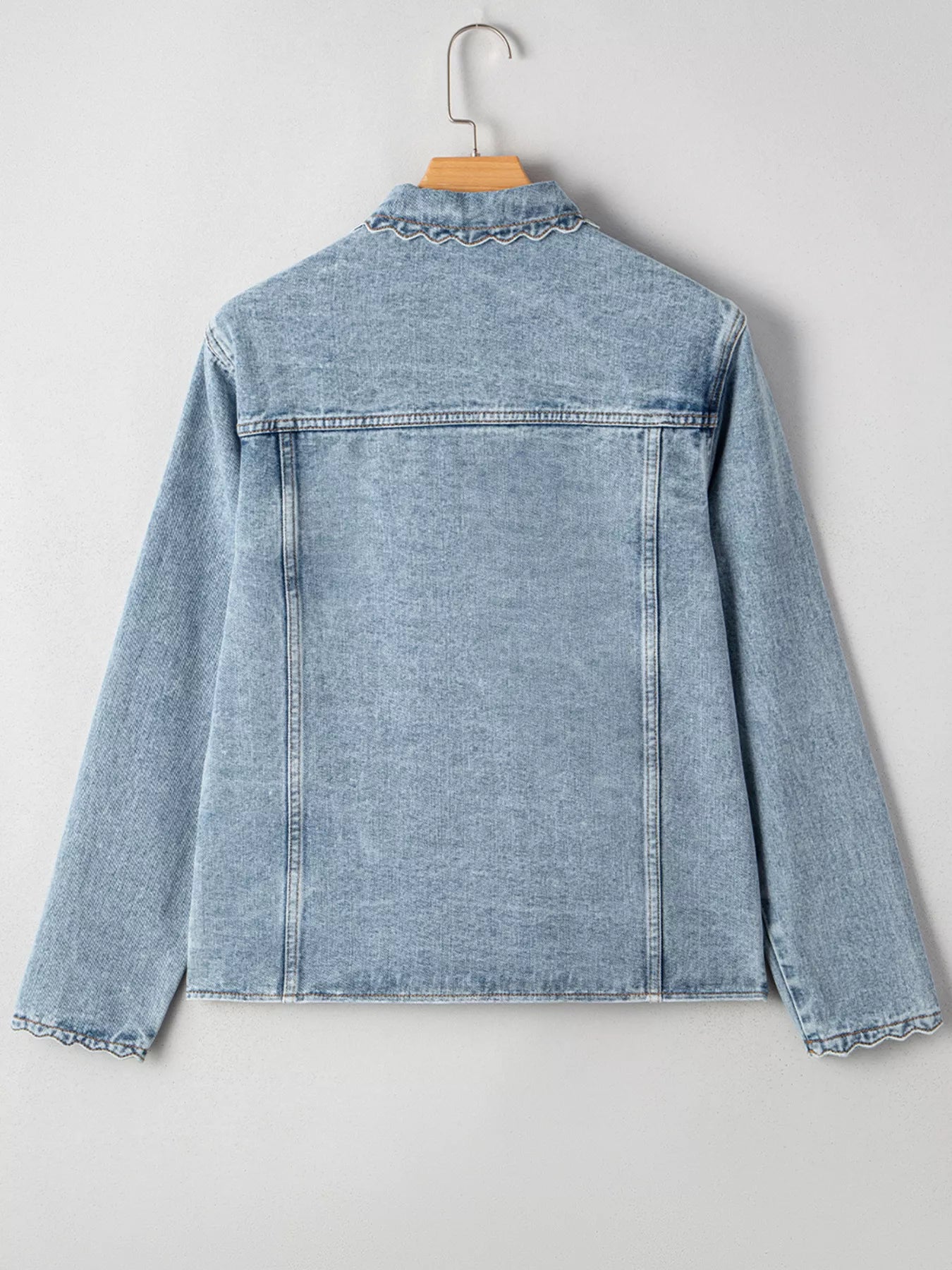 Scallop Trim Collar Patched Pocket Button Up Denim Jacket OutfitFlow