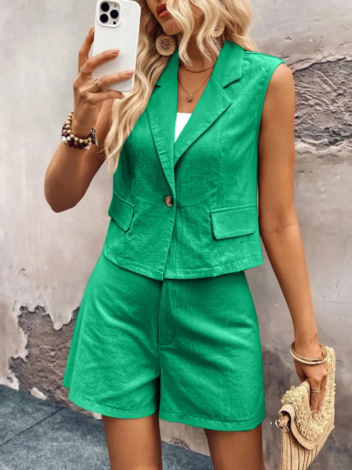 One Button Sleeveless Top and Shorts Set OutfitFlow