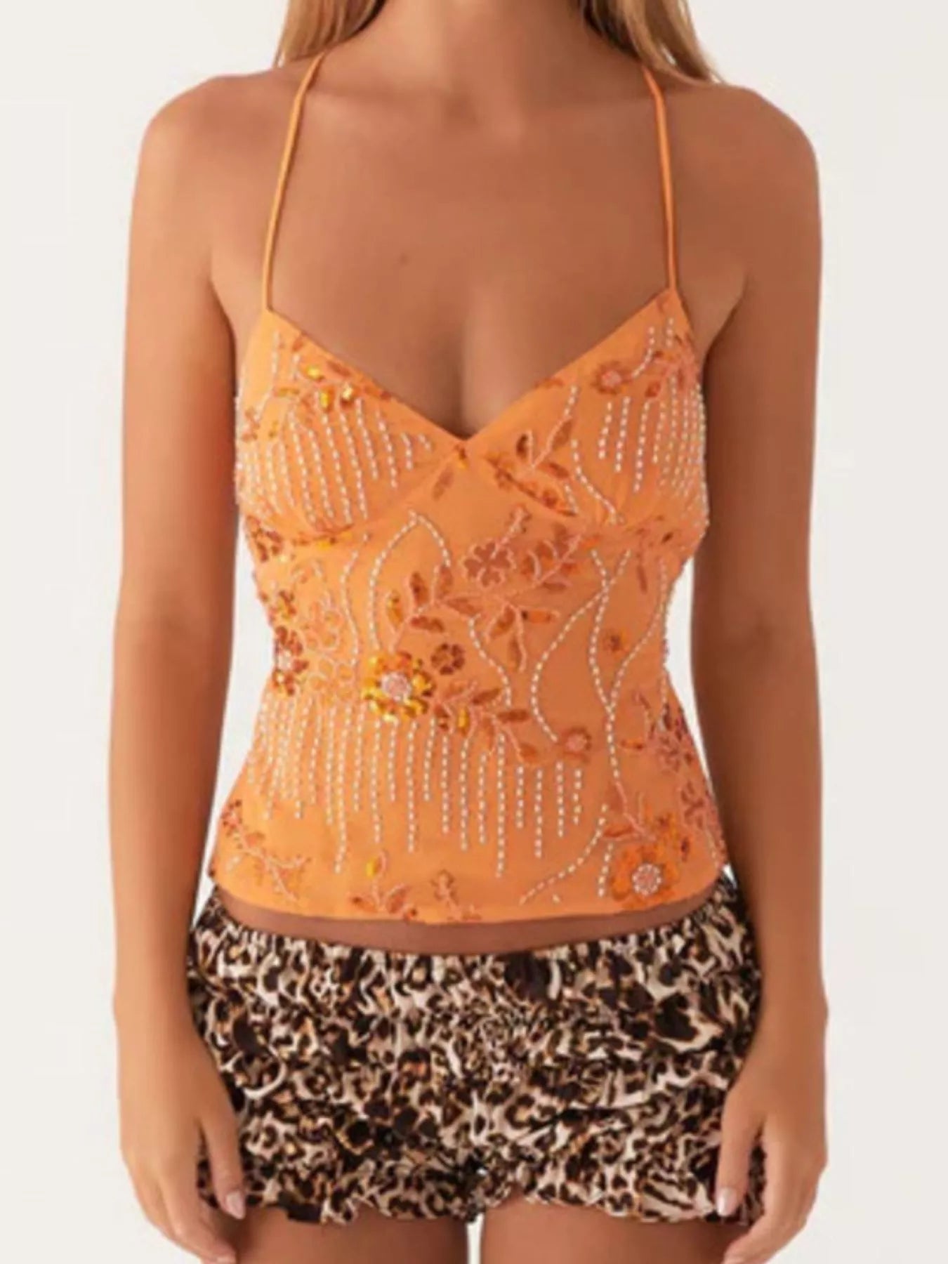 Embroidered Sequin Tie Back Cami OutfitFlow