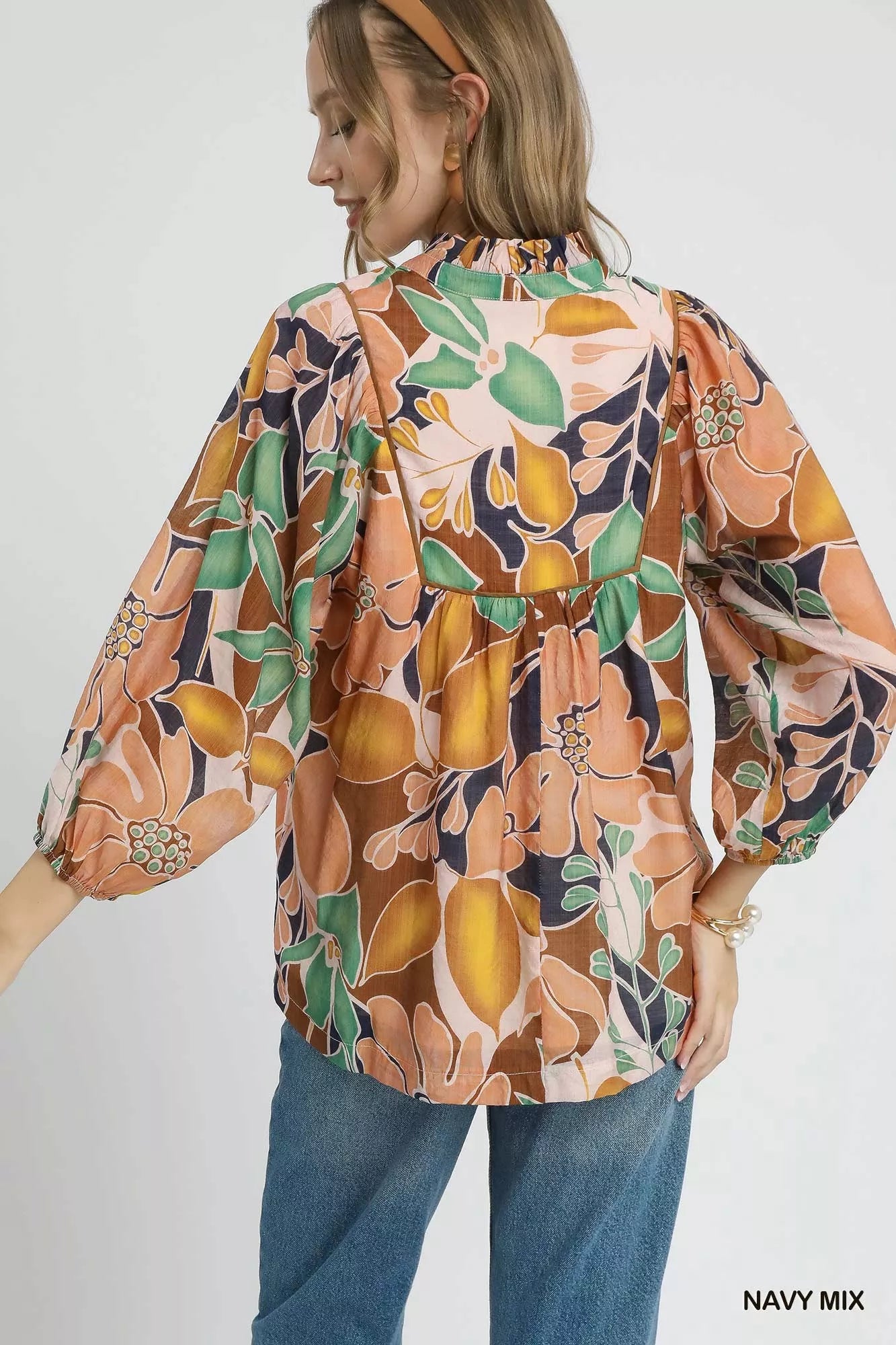 Umgee Multicolor Abstract Floral Print Blouse with Ruffle Neck OutfitFlow