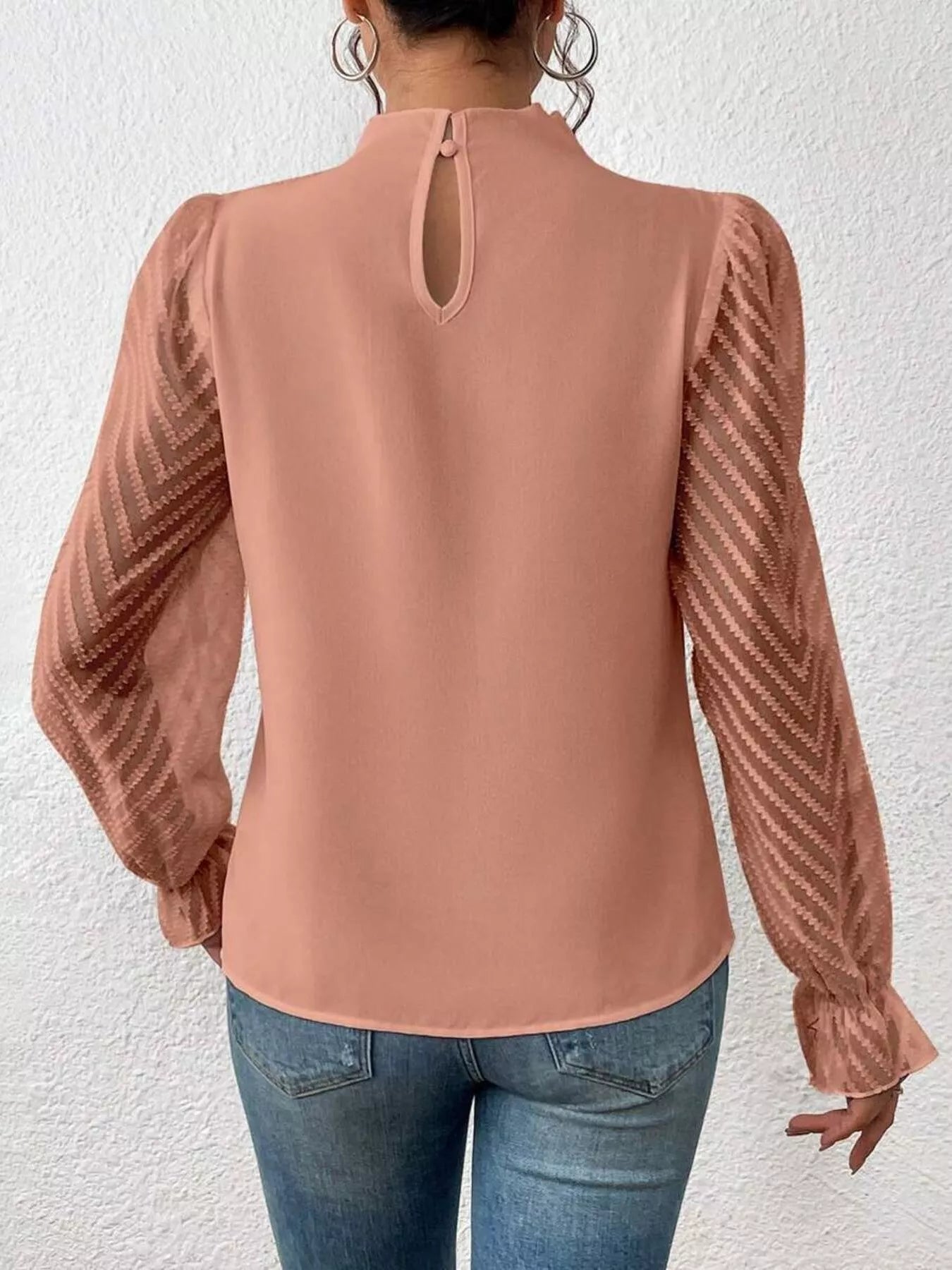 Mock Neck Sheer Lace Sleeve Blouse OutfitFlow