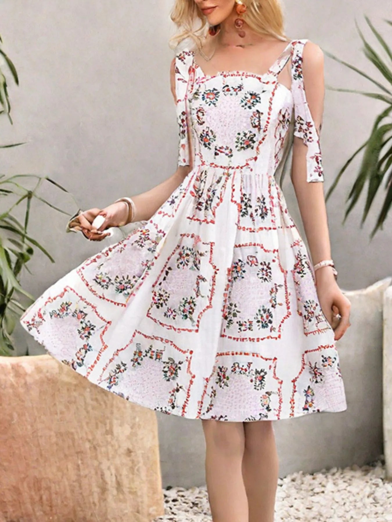 Floral Print Tie-Shoulder Mini Dress OutfitFlow
