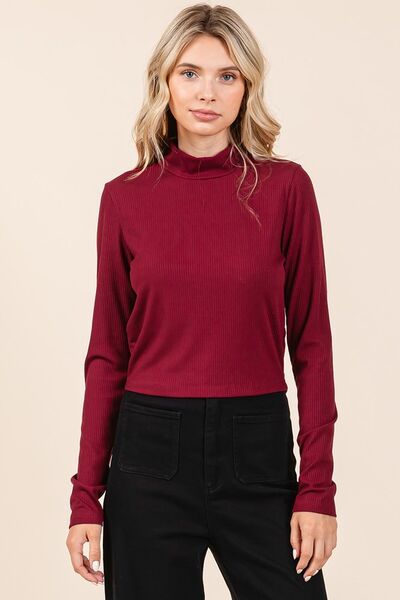 Mittoshop Mock Neck Rib Knit Long Sleeve Crop Top OutfitFlow