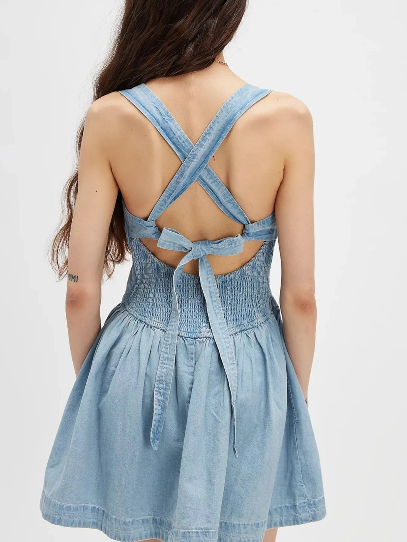 Smocked Crisscross Back Denim Mini Dress OutfitFlow
