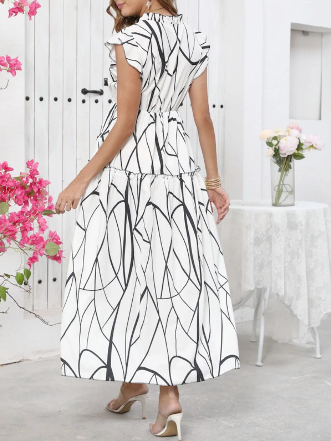 Abstract Print Ruffle Sleeve V-Neck Midi Dress OutfitFlow