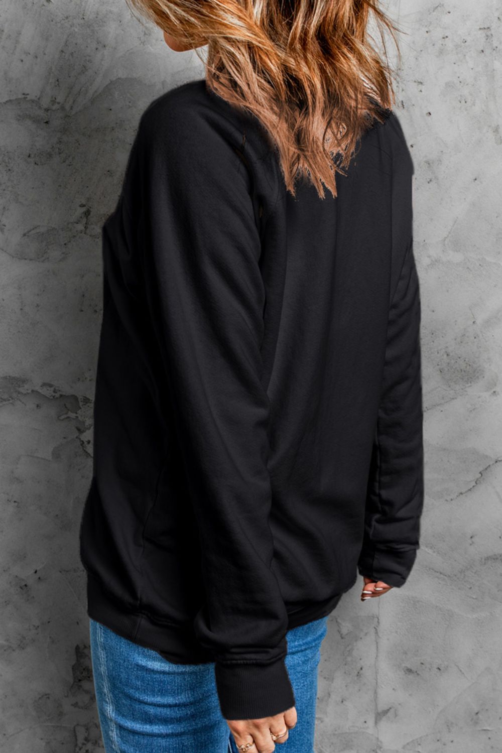 Letter Graphic Round Neck Long Sleeve Sweatshirt OutfitFlow