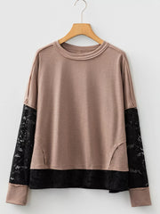 Sheer Lace Patchwork Casual Long Sleeve Tee OutfitFlow