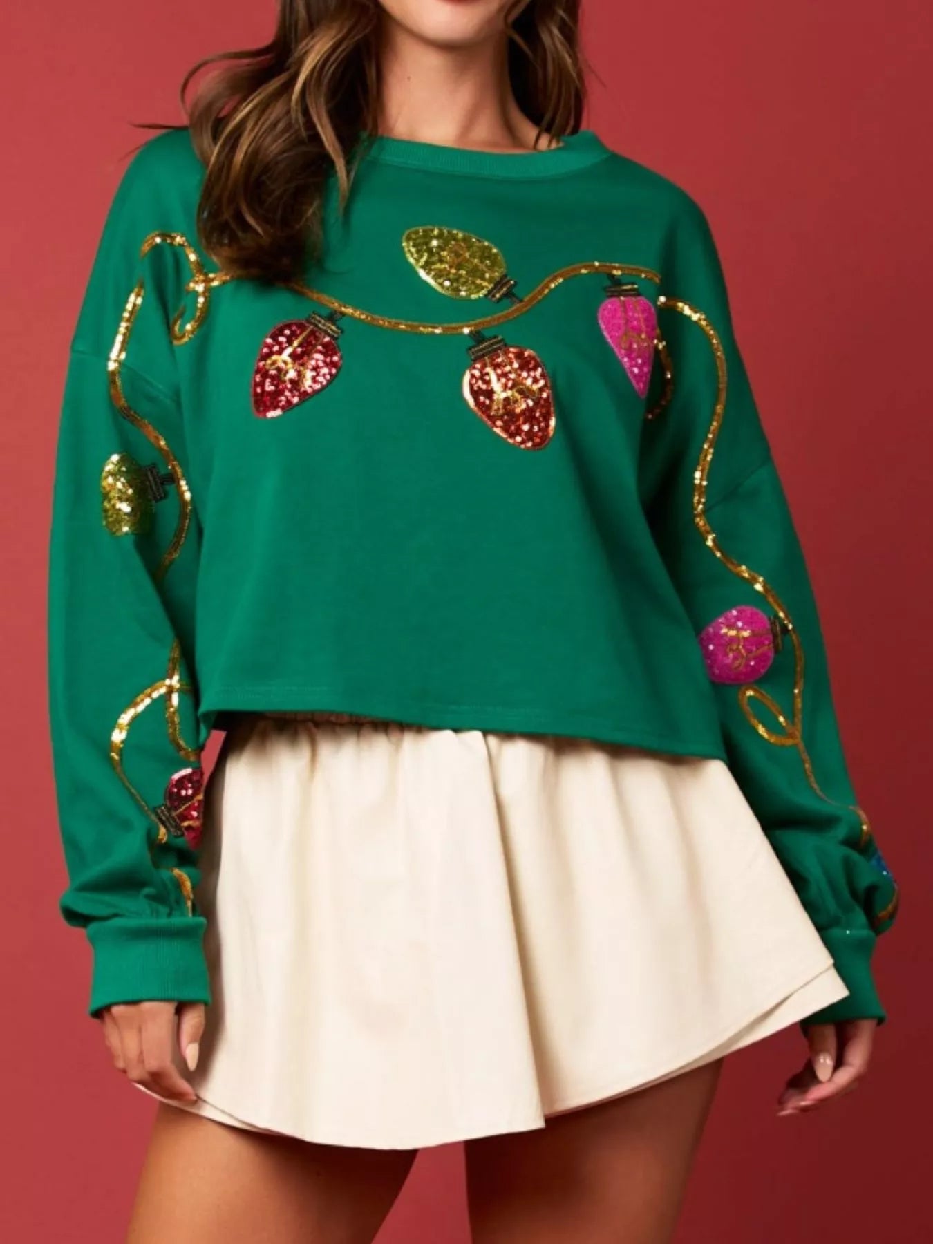Christmas Holiday Lights Sequin Embellished Sweatshirt OutfitFlow