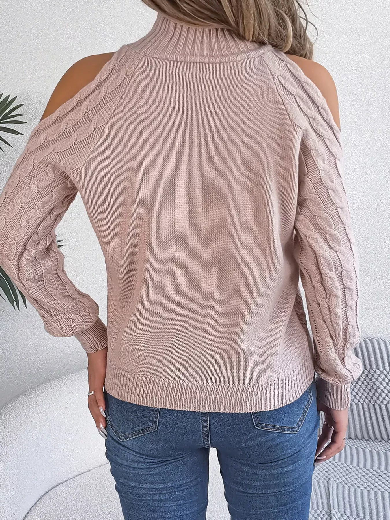 Cable Knit Cold Shoulder Turtleneck Sweater OutfitFlow