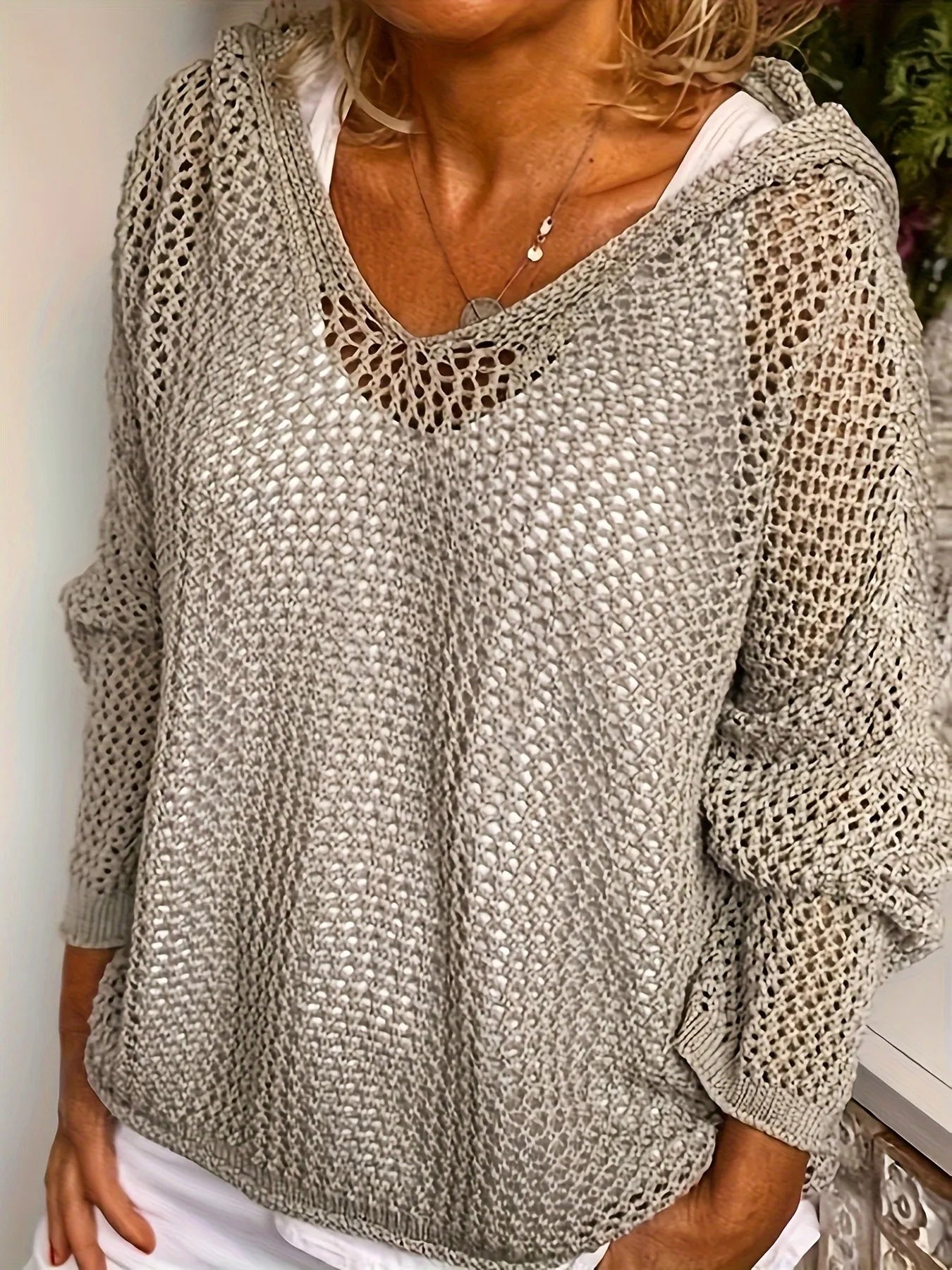 Openwork Long Sleeve Hooded Knit Cover Up Khaki OutfitFlow
