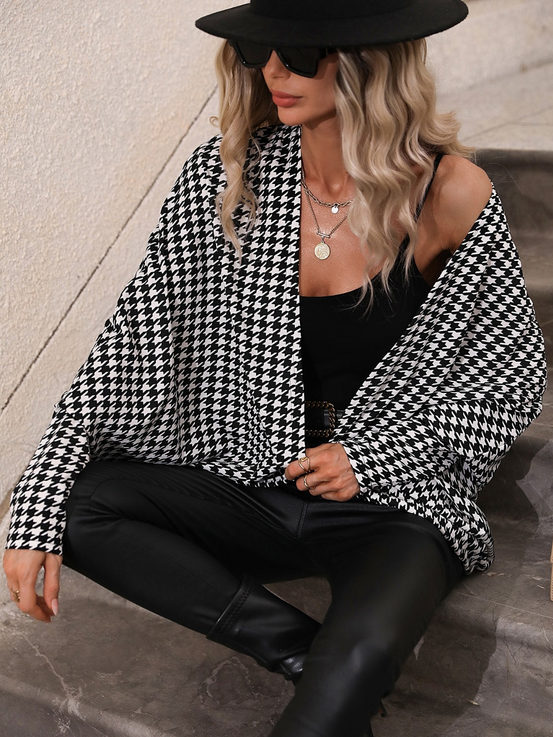 Outfit Flow - Houndstooth Open Front Batwing Sleeve Cardigan