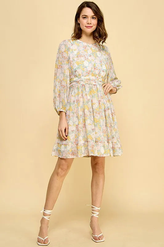 Lime 'N' Chili Chiffon Floral Print Belted Dress with Back Zipper OutfitFlow