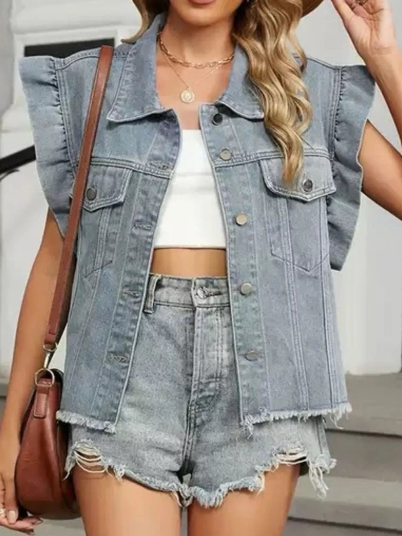 Ruffled Raw Hem Button Up Denim Jacket OutfitFlow
