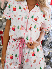 Christmas Print Button Up Top and Shorts Lounge Set White OutfitFlow