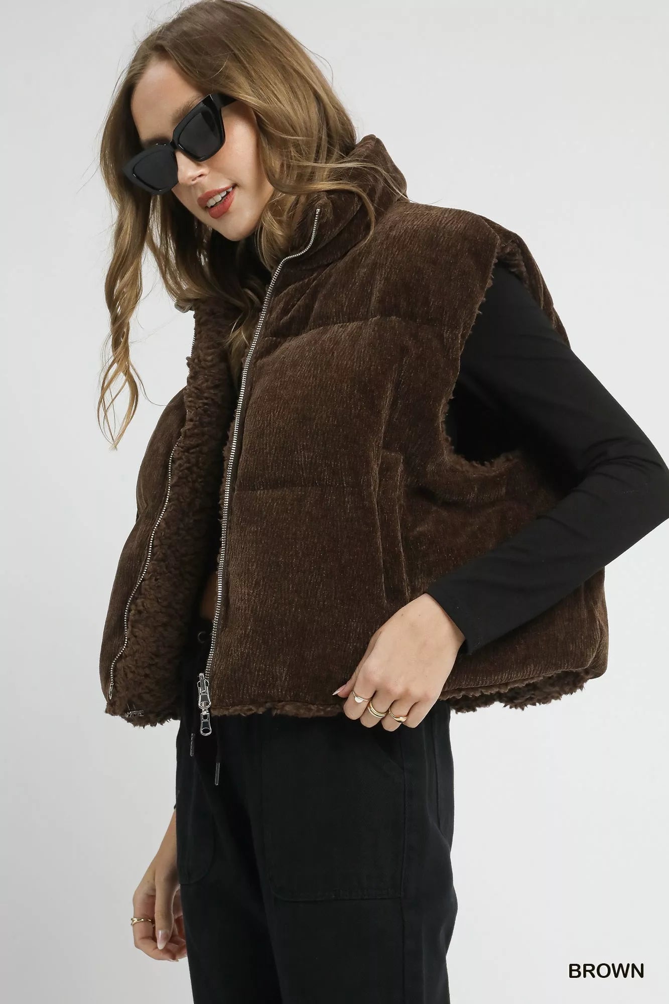Umgee Sherpa-Lined Zip Vest with Drawstring Hem Trendsi