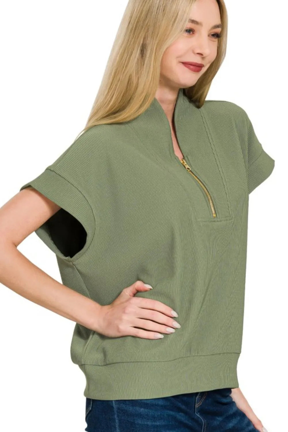 Zenana Ribbed High Neck Half Zip Top OutfitFlow